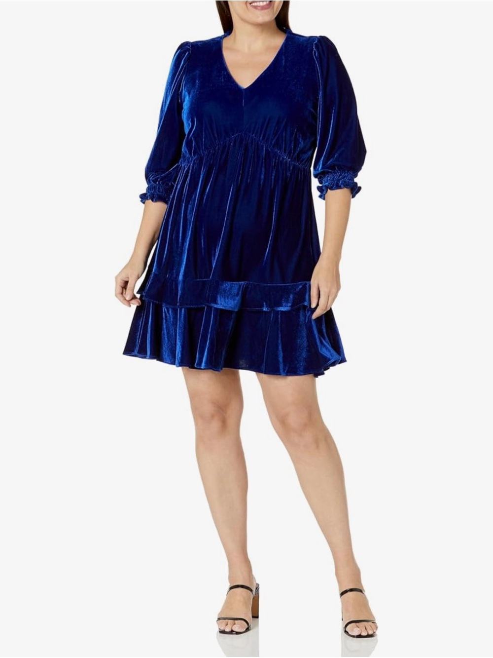 Maison Tara, Velvet V-Neck Ruffled Midi Dress - Royal Blue